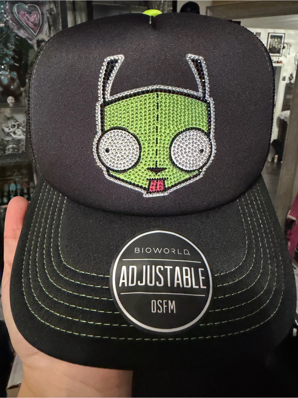 Hot Topic Black Trucker Hat with Green Gemstone Alien Patch